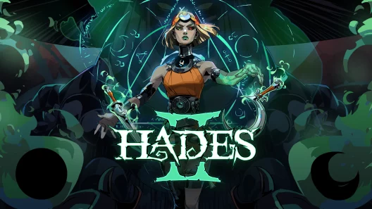 Hades 2 key art featuring Melinoë with magical weapons in a dark fantasy setting