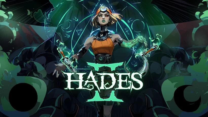 Hades 2 key art featuring Melinoë with magical weapons in a dark fantasy setting