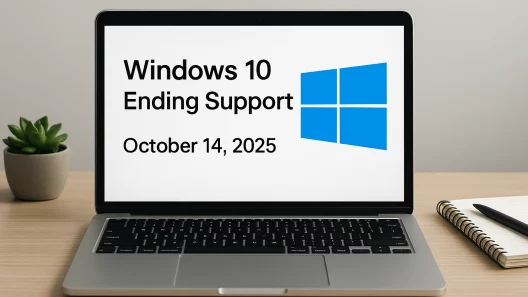 "Laptop on a wooden desk displaying the message 'Windows 10 Ending Support, October 14, 2025' with the Windows logo, next to a plant pot and a notebook with a pen.