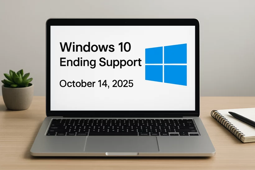 "Laptop on a wooden desk displaying the message 'Windows 10 Ending Support, October 14, 2025' with the Windows logo, next to a plant pot and a notebook with a pen.