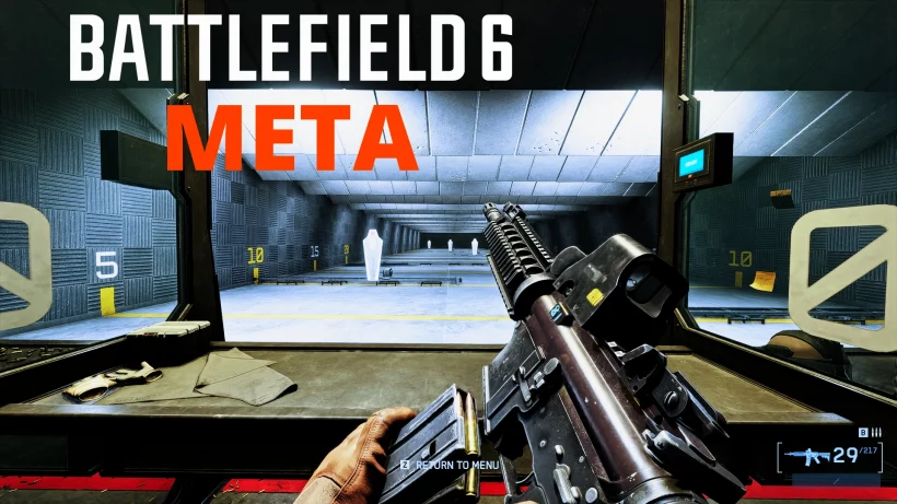 Battlefield 6 META training range showing player loading an assault rifle with targets in the distance, highlighting best weapons and loadouts for Battlefield 6