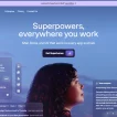 Superhuman AI homepage showing productivity tools for mail, docs, and AI assistants with a woman looking at the interface and text promoting work superpowers