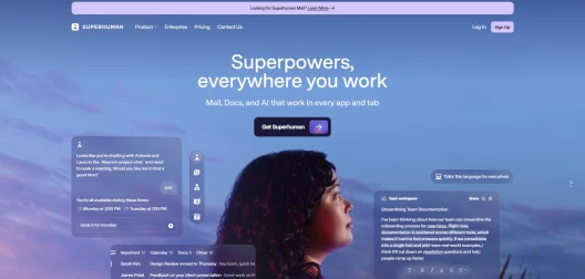Superhuman AI homepage showing productivity tools for mail, docs, and AI assistants with a woman looking at the interface and text promoting work superpowers