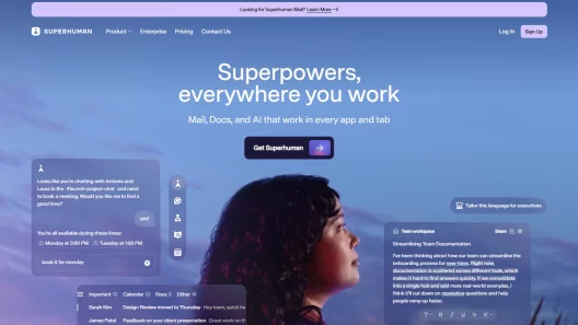 Superhuman AI homepage showing productivity tools for mail, docs, and AI assistants with a woman looking at the interface and text promoting work superpowers
