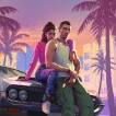 Promotional artwork for Grand Theft Auto VI featuring a man and woman sitting on a car hood at sunset in a tropical cityscape.