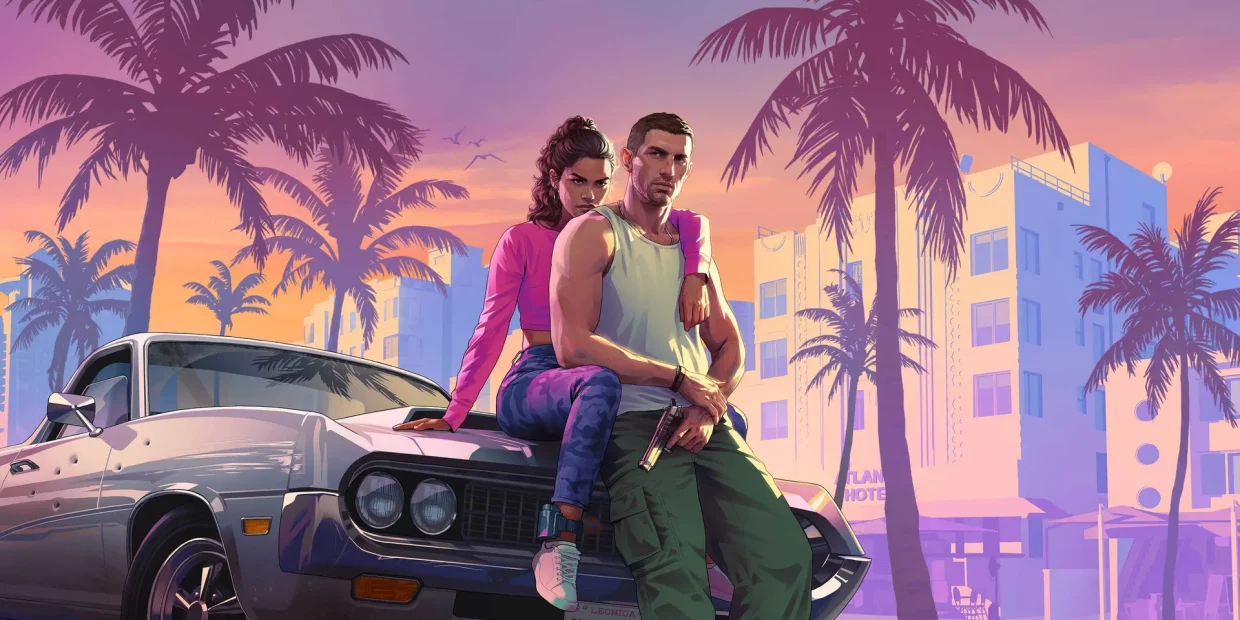 Promotional artwork for Grand Theft Auto VI featuring a man and woman sitting on a car hood at sunset in a tropical cityscape.