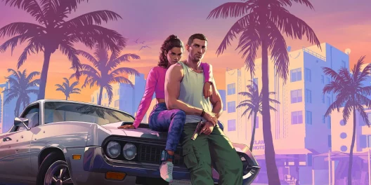 Promotional artwork for Grand Theft Auto VI featuring a man and woman sitting on a car hood at sunset in a tropical cityscape.