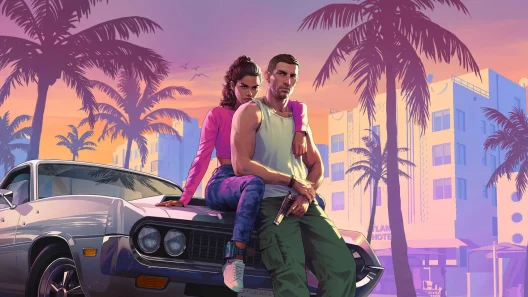 Promotional artwork for Grand Theft Auto VI featuring a man and woman sitting on a car hood at sunset in a tropical cityscape.